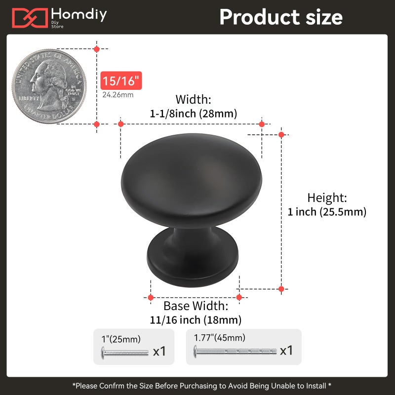 homdiy 5 Pack Cabinet Knobs Black Round Drawer Knobs Solid Zinc Alloy Pulls for Kitchen, Bathroom, Closet, Wardrobe - Image 2
